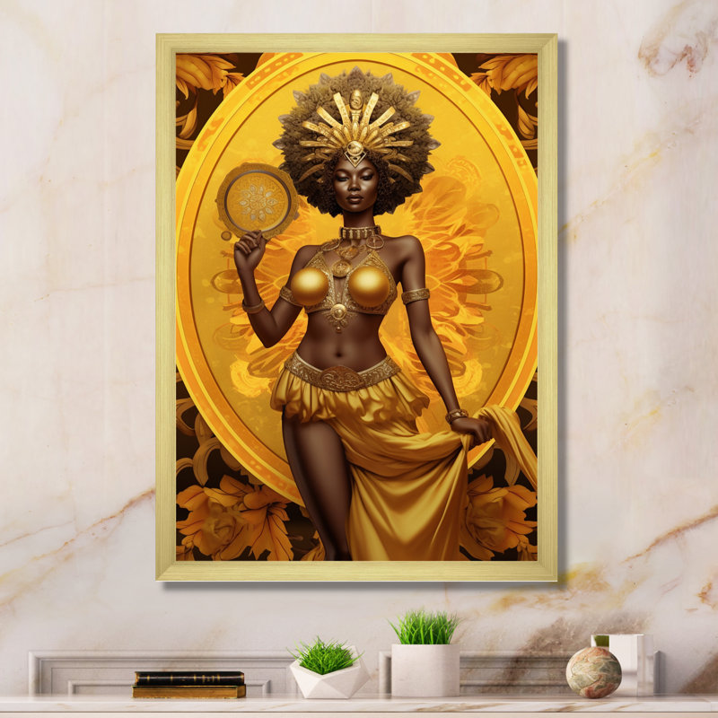 Orisha Oshun avec miroir déesse africaine - art mural femme afro-américaine, Cadre doré simple, H 40 po x l 30 po x P 1,5 po