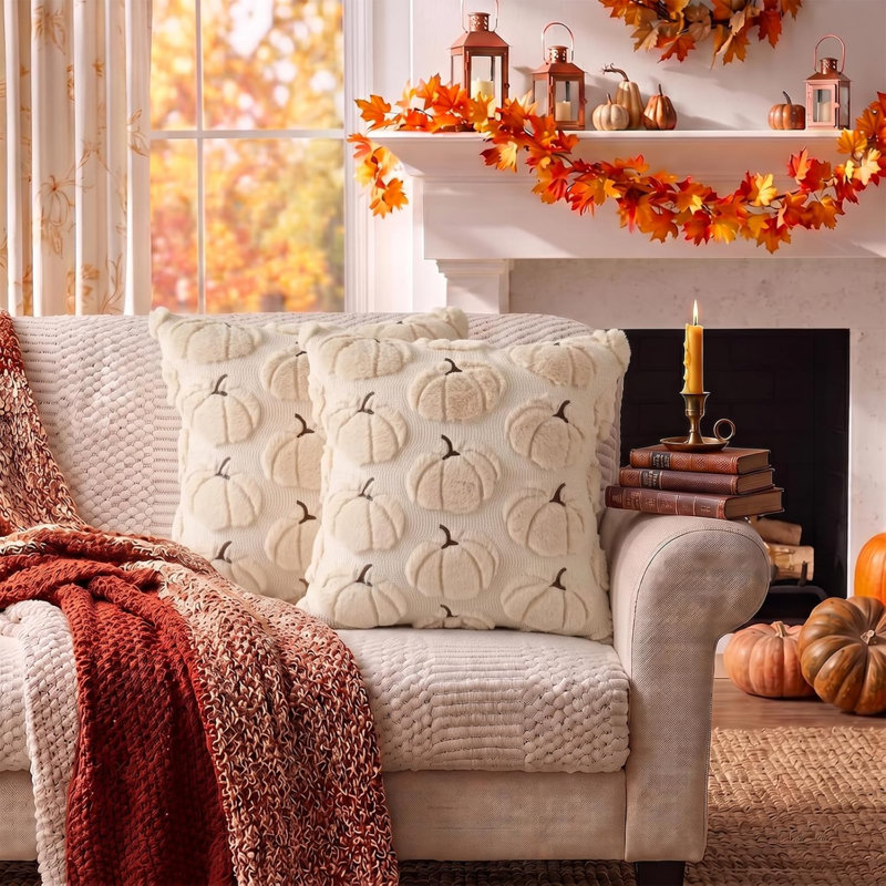 Housses de coussin automnales citrouille, lot de 2, 50 x 50 cm, beige, douce fourrure synthétique, décorations d'automne pour la maison, Thanksgiving et les récoltes d'automne, coussins pour véranda, canapé, lit ou salon
