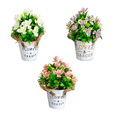 8in. Artificial Lush Flowering Plant in Rustic Flowers & Garden Planter - Set of 3