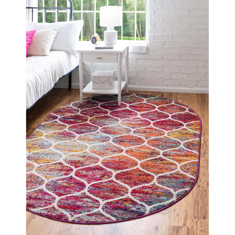 Tapis géométrique Llanet, Ovale 5 pi 3 po x 8 pi, Rouge multicolore