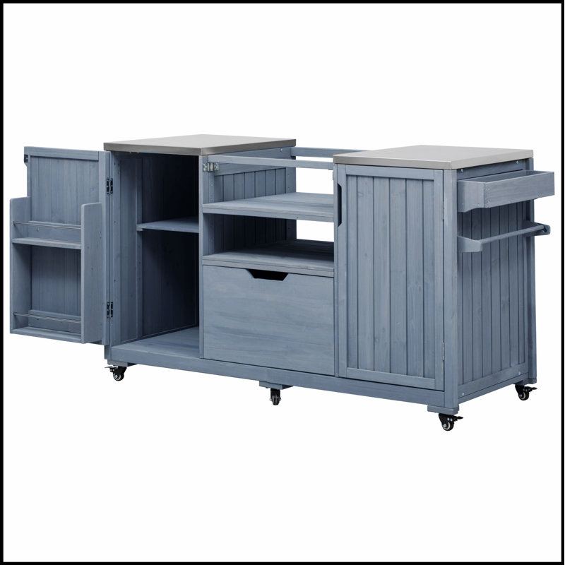 66.5 Inch Outdoor Kitchen Island With Stainless Steel Top, Solid Wood Grill Cart For Large Big Green Egg And Kamado Joe, Ample Storage And Workspace