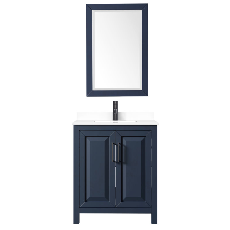 Daria 30'' Single Bathroom Vanity with Marble Top with Mirror, White Cultured Marble, Dark Blue, Brushed Gold
