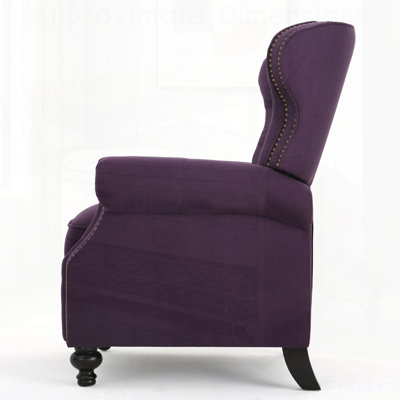 Fauteuil inclinable manuel moderne à dossier réglable en 3 positions, accoudoirs arrondis, garniture cloutée et pieds en bois d'hévéa brun foncé pour un confort et un style ultimes.