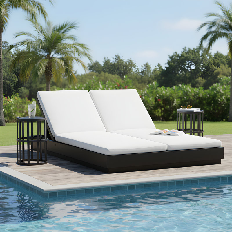 Opheim Patio 3-Piece Acacia Wood Double Chaise Lounge & Ceramic Tile Side Table Set