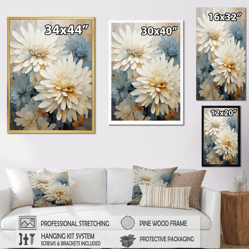 «Mums», peinture beige sur fond blanc et bleu sur toile, Toile tendue, H 32 po x l 16 po x P 1 po