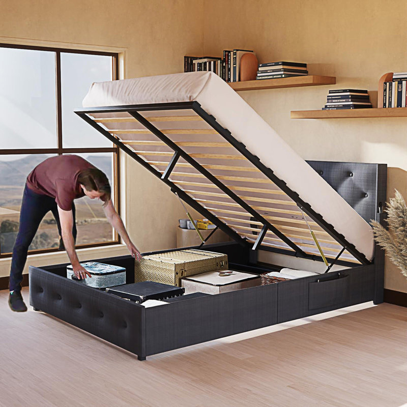 Structure de lit grand avec rangement - Lit de rangement relevable avec tête de lit moderne à oreilles, Gris foncé