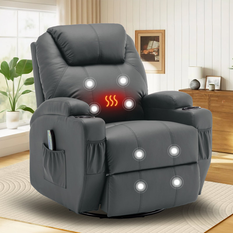 Recliner Chair,Recliner With Heat And Massage, 360°Swivel Recliners, Rocker Recliner With Cup Holders And Side Pockets, Gray