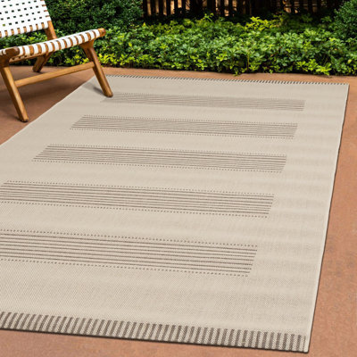 Ardina Striped Cream Beige Outdoor Patio Deck Area Rug