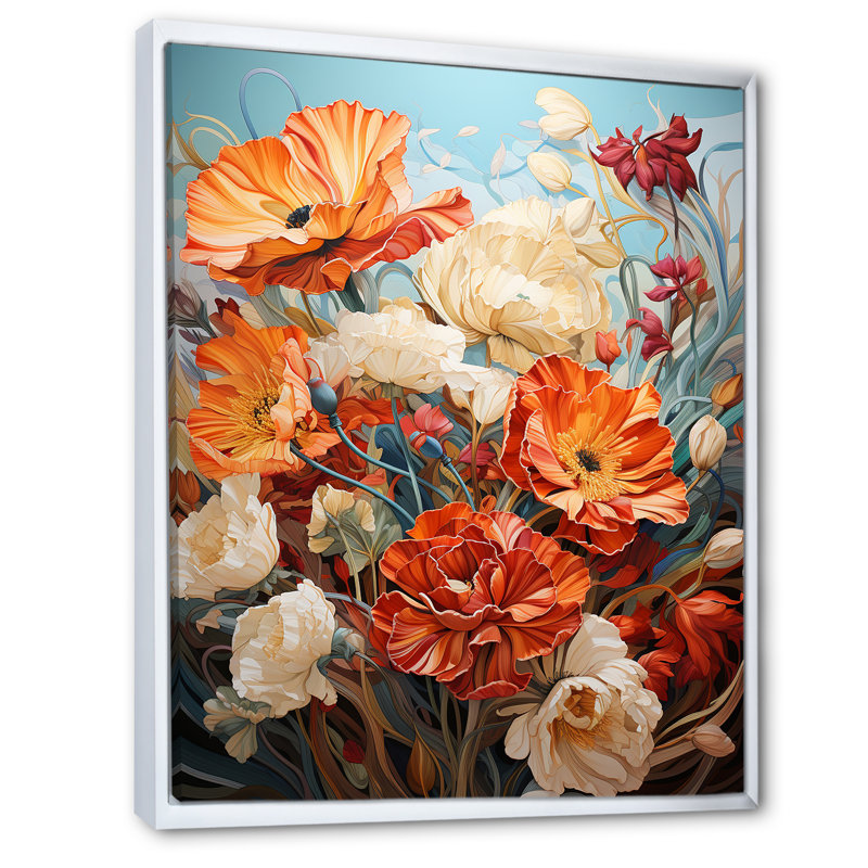 Orange orange, bouquet de fleurs d'été - art mural fleurs, Cadre flottant blanc, H 32 po x l 24 po x P 1 po