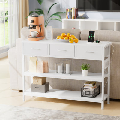  43.3'' Modern Wood Console Table with 3 Fabric Drawers, Rectangle Narrow Entryway Sofa Table with Charging Station And Open Shelves For Hallways, Living Rooms, And Small Spaces