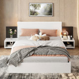 Wooden Floating Platform Bed With Led Lights And Built-in Nightstands