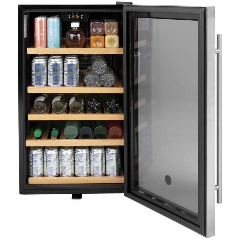 Stainless Steel Freestanding Beverage Refrigerator with Oak Shelves