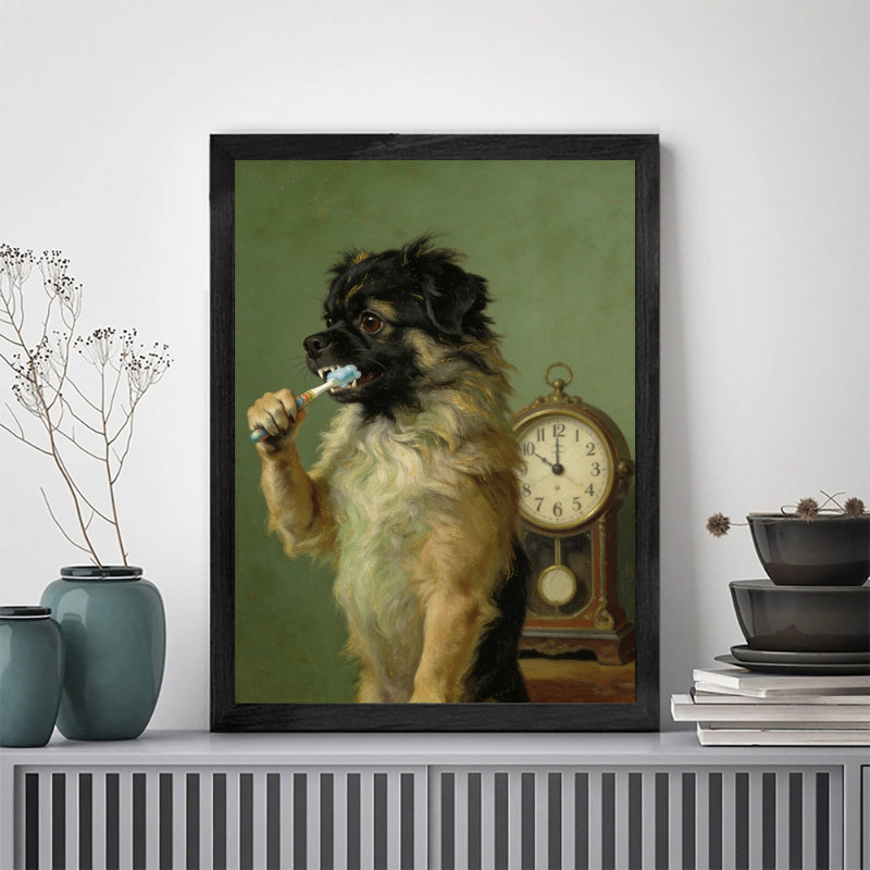 Art encadré noir, chien noir rétro, brossage des dents, art humoristique rétro, impressions encadrées, H 11 po x l 9 po