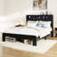Base de lit pour grand lit: bruit, tête de lit avec rangement pour câbles, 2 sommiers sans sommier et lattes de bois pour la chambre à coucher: tête de lit à DEL, charge, design rétro, noir foncé facile à assembler-1261006006