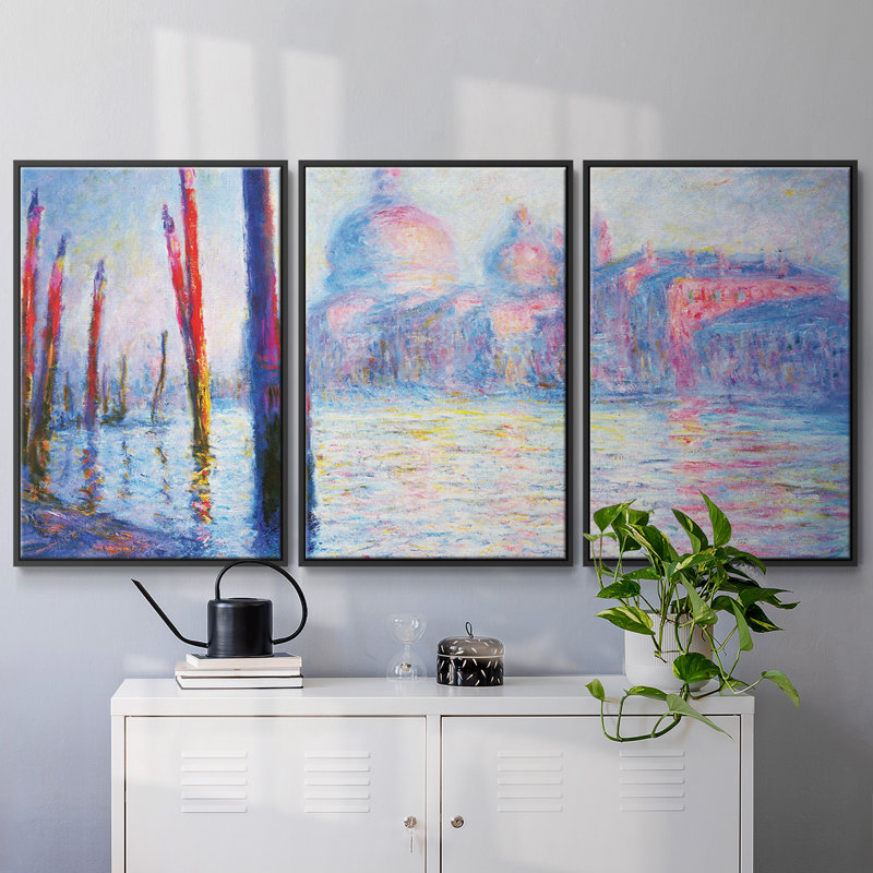 Canal Grand par Monet, reproduction sur toile 3 pièces, Cadre noir, H 24 po x l 48 po