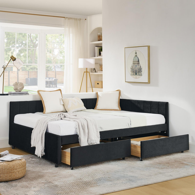 Full Size Upholstered Tufted Bed Frame with Two Drawers, Sofa Bed Frame with Comfortable Backrest and Armrests, Velvet, Black