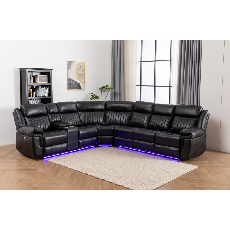 Ronae 3 - Piece Vegan Leather Power Reclining Sectional with Wireless Charger Speaker and USB, Black 