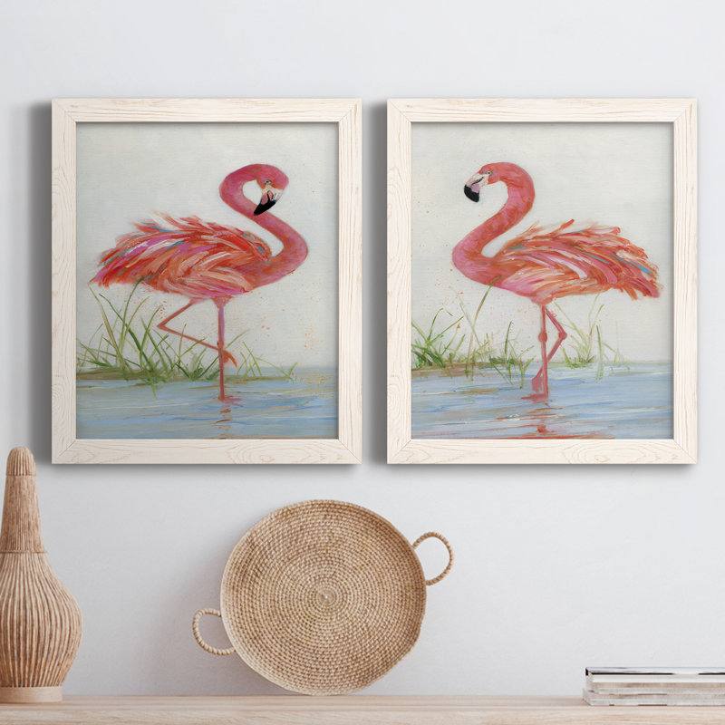 «Flamingo I», ensemble de 2 peintures sur toile encadrées, H 24 po x l 36 po x P 1,5 po, Cadre blanc