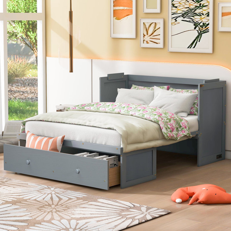 Lit gris compact avec fente et grand tiroir, Gris, Lit double