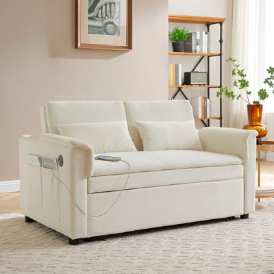 55" Velvet Two Seater Pull Out Sofa Bed, Adjustable Backrest With USB Ports, Two Side Pockets, 3 in 1 Convertible Sleeper Sofa Bed, Modern Love Seat Lounge,2 waist pillows for living rooms