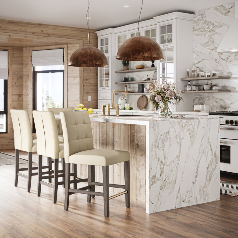 Tabouret de bar rembourré Herclides avec structure en bois massif, Blanc, Counter Stool (24.75” Seat Height)