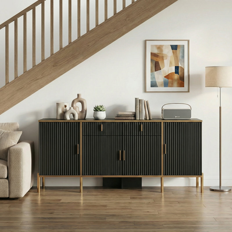 60" Fluted Sideboard Buffet Cabinet & TV Stand with Gold Legs, Modern Storage Console for TVs up to 65", Black