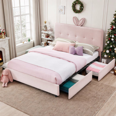 Grand lit AVELOR pour enfant avec tête de lit surdimensionnée en oreilles de lapin, lumières de synchro de musique à DEL intégrées, 4 tiroirs de rangement et revêtement en peluche Boucle