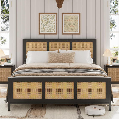 King Size Rattan Bed Frame with Headboard, Black Boho Cane Platform Bed Frame with Strong Metal Slat, Noise Free, No Box Spring Needed