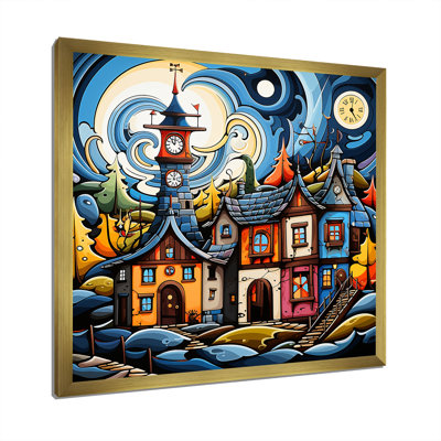 «Blue Whimsical Village Landscape - Abstract Landscape», art mural