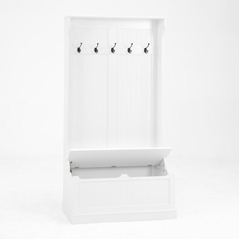 Entryway Bench With Standing Coat Rack, Hall Tree With Shoe Storage Bench, Entryway Organizer With 5 Hooks, White