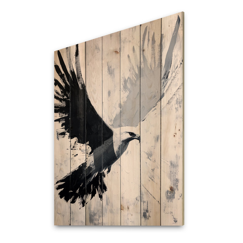 Black Falcon Swoop II - Eagle Animal Black Wood Print On Natural Pine Wood, 20" H x 10" W