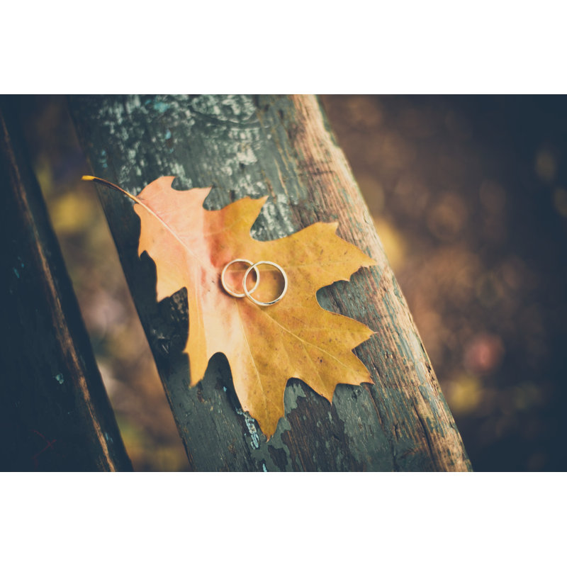 Two Wedding Rings On The Autumn Yellow Leaf Close-up - Wrapped Canvas Print, 30cm H x 46cm W