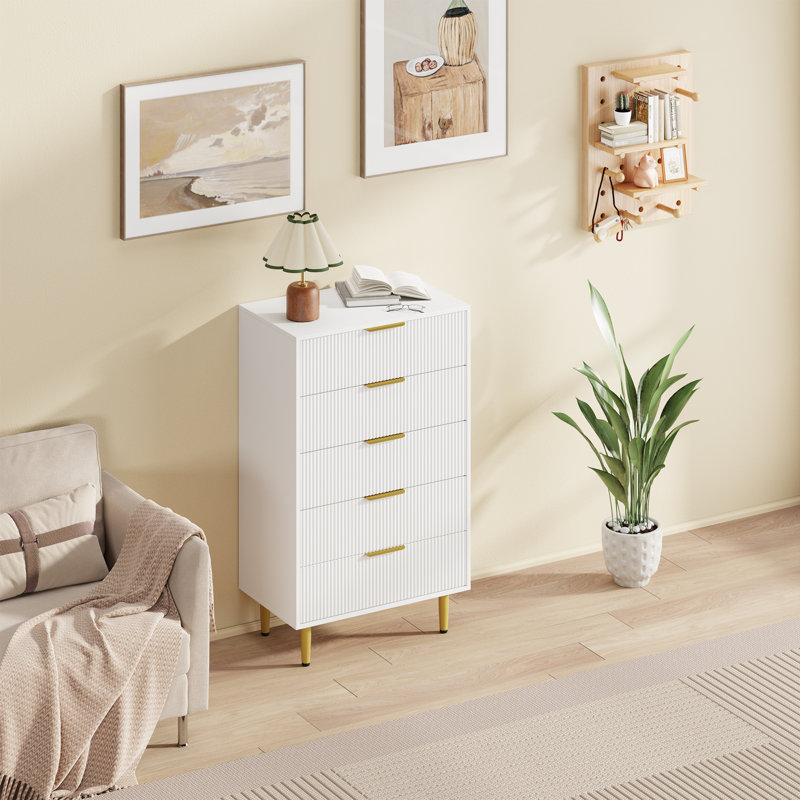 Modern Fluted Drawer Dresser, Wood Chest of Drawers with Metal Handles & Legs, Storage Organizer, White