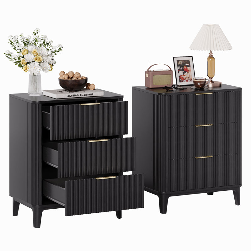 27.56" Fluted 3 Drawers Dresser For Bedroom With Dresser Organizer, Wood Tall Chest Of Drawers & Nightstand, Black