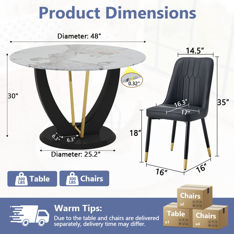 48" Modern Round Dining Table For 4-6 With Tempered Glass Tabletop, Black, 7 Pieces: Table, 6 Chairs