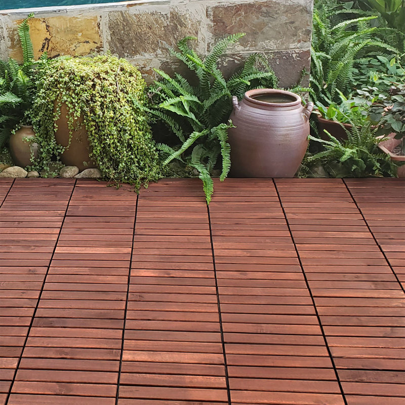 Acacia wood interlocking deck tiles (12 "x12" 30-piece set)–Snap-on type with drainage base, suitable for terraces, balconies and swimming pools.