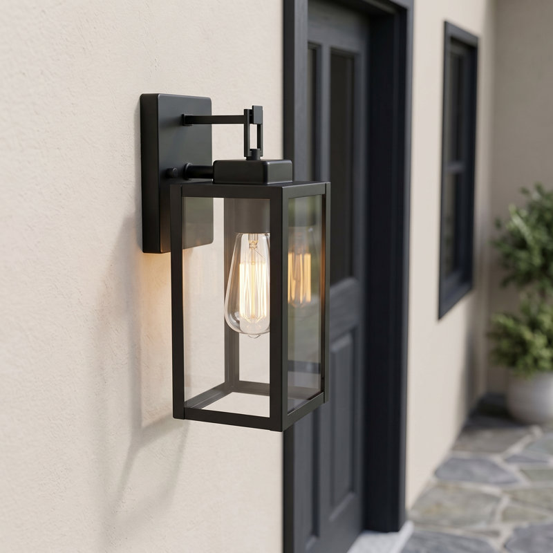 1-Light Matte Black Outdoor Wall Lantern with Clear Glass Shade, 14.1" H x 5" W x 5" D