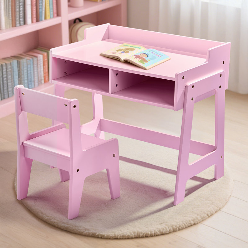 Pink MDF Children's Study Desk And Chair Set With 2 Storage Compartments, Pink