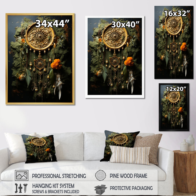 Capteur de rêves amérindien sur toile, Toile tendue, H 44 po x l 34 po