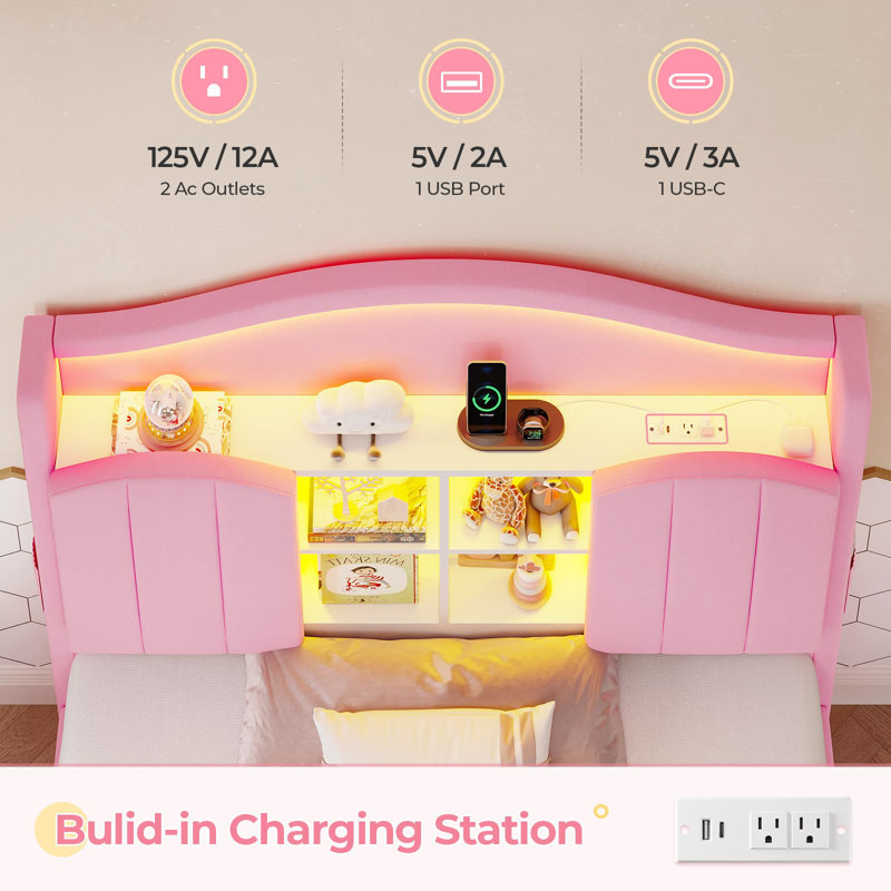 Twin Bed With Upholstered Storage Headboard, Princess Twin Platform Bed With Led Lights & Charging Station,No Box Spring Needed,Noise-Free