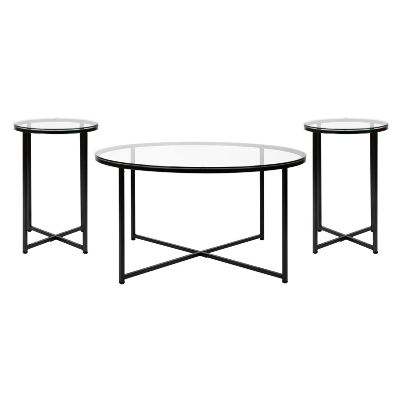 Ensemble de 3 tables basses et tables de bout avec cadre en métal Naugle, Noir mat, Transparent