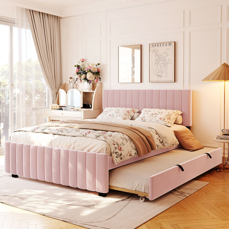 Lit plateforme grand en velours rose avec lit gigogne simple TG
