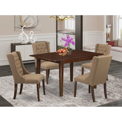 Ensemble de salle à manger 5 pièces comprenant une table de salle à manger rectangulaire avec rallonge papillon et 4 chaises rembourrées en tissu de lin sable de 36 x 54 po, acajou