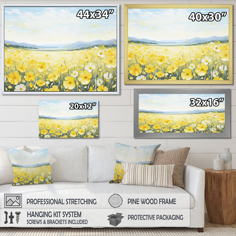 «Buttercups Floral Array Field II», reproduction sur toile, Cadre naturel flottant, H 30 po x l 40 po