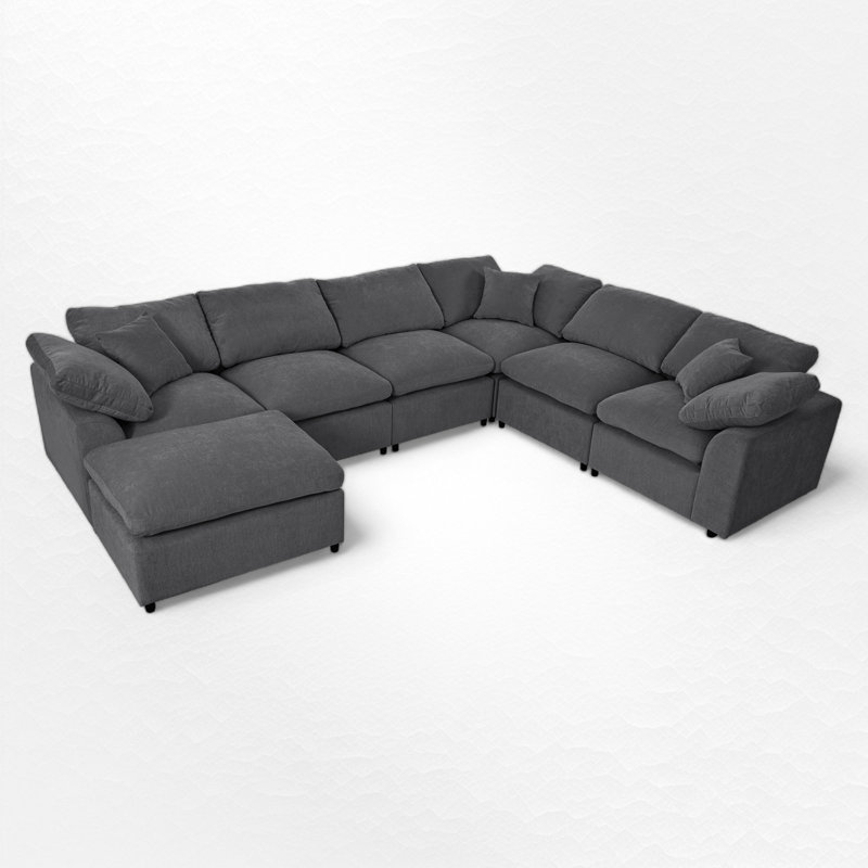 129" Extra-Wide Modular Sectional Sofa - 7-Seater Diamond Weave Polyester, Gray Duplicate 1