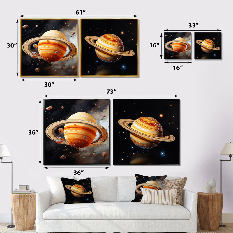 Planète Saturn Cosmic Universe I - ensemble de 2 décorations murales planètes, Toile tendue, H 16 po x l 33 po x P 1 po