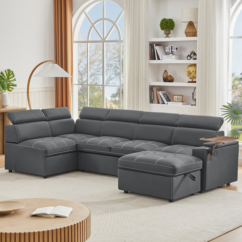Grey Fabric Sectional Sofa with Storage Ottoman