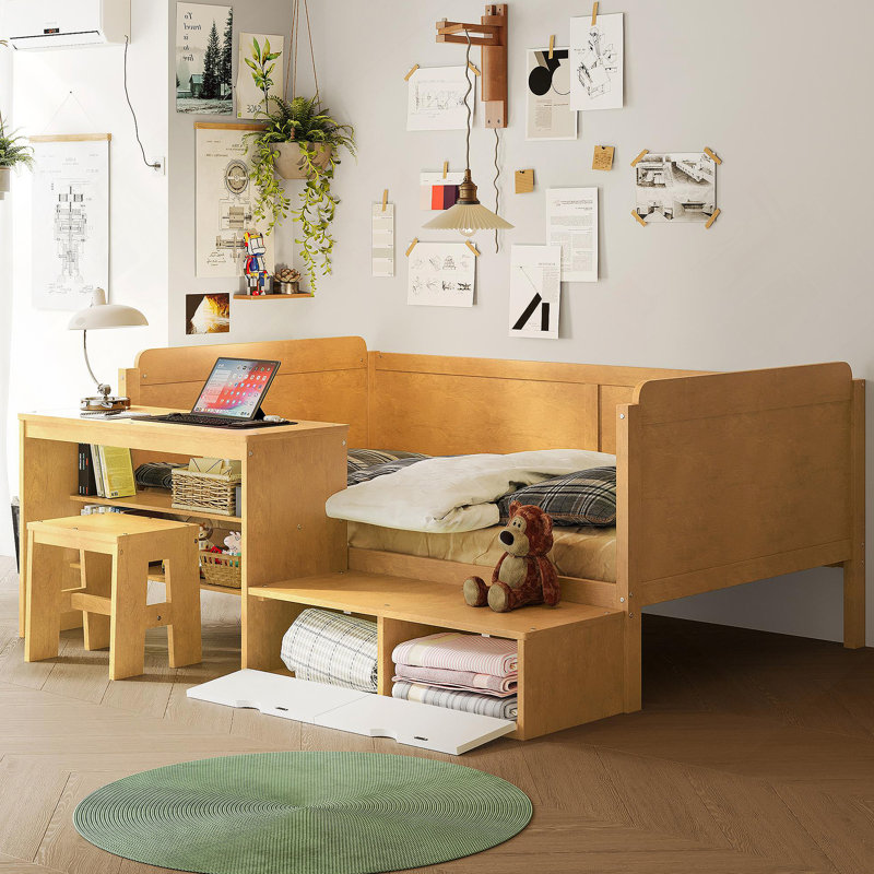 Lit de jour simple en bois avec tablettes de rangement et casiers, lit multifonctionnel avec bureau d'étude, Naturel