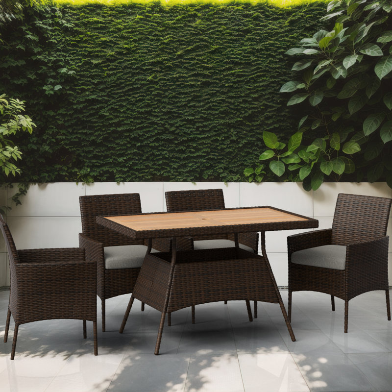 Outdoor 5-Piece PE Rattan & Acacia Wood Dining Set