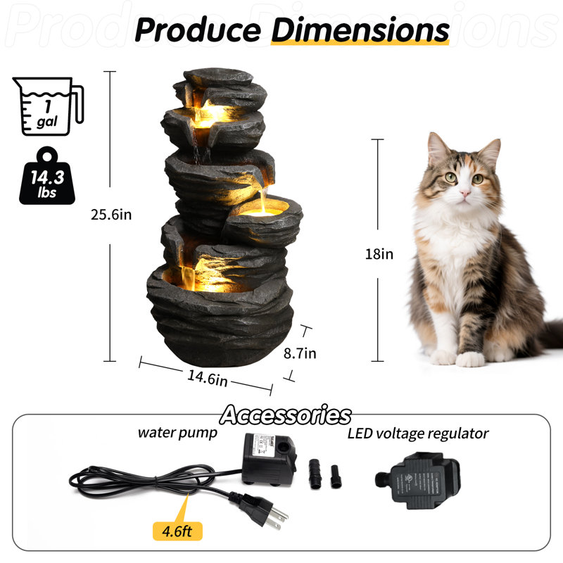  Outdoor Water Fountain, 25.6" Tall Resin Waterfall Fountain with LED Lights, 4-Tier Rock Cascading Fountain for Patio Garden Decor - Gray